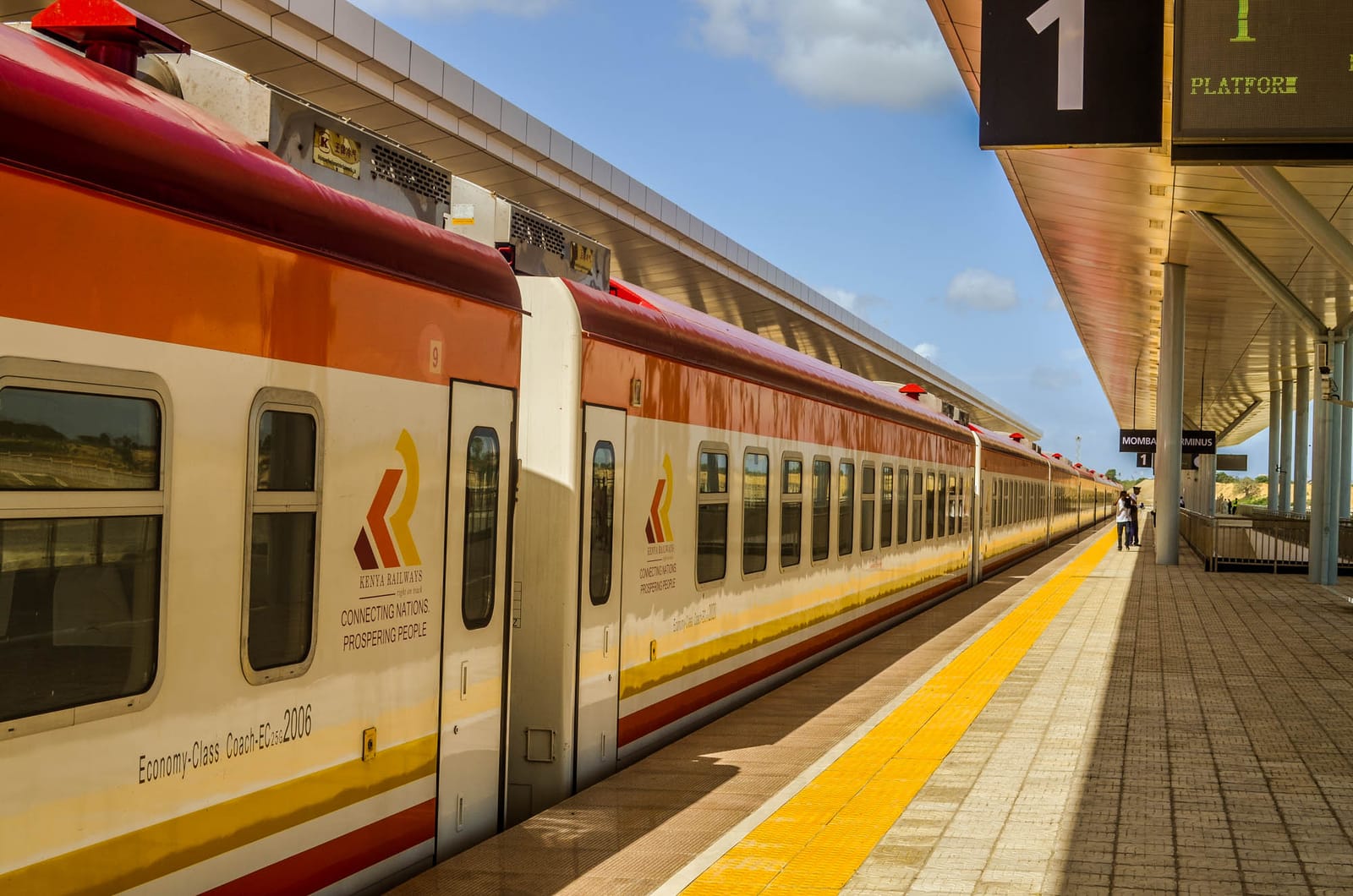 A Madaraka Express train on Kenya's Chinese-built Standard Gauge Railway. Kenya has restarted construction of the SGR extension to Malaba and converted $3.5 billion of related debt from dollars into yuan.