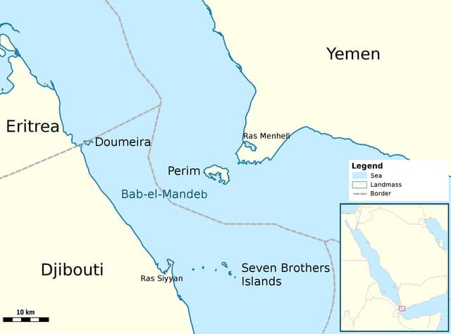 红海南端入口曼德海峡地图（地图，非事件现场图）。