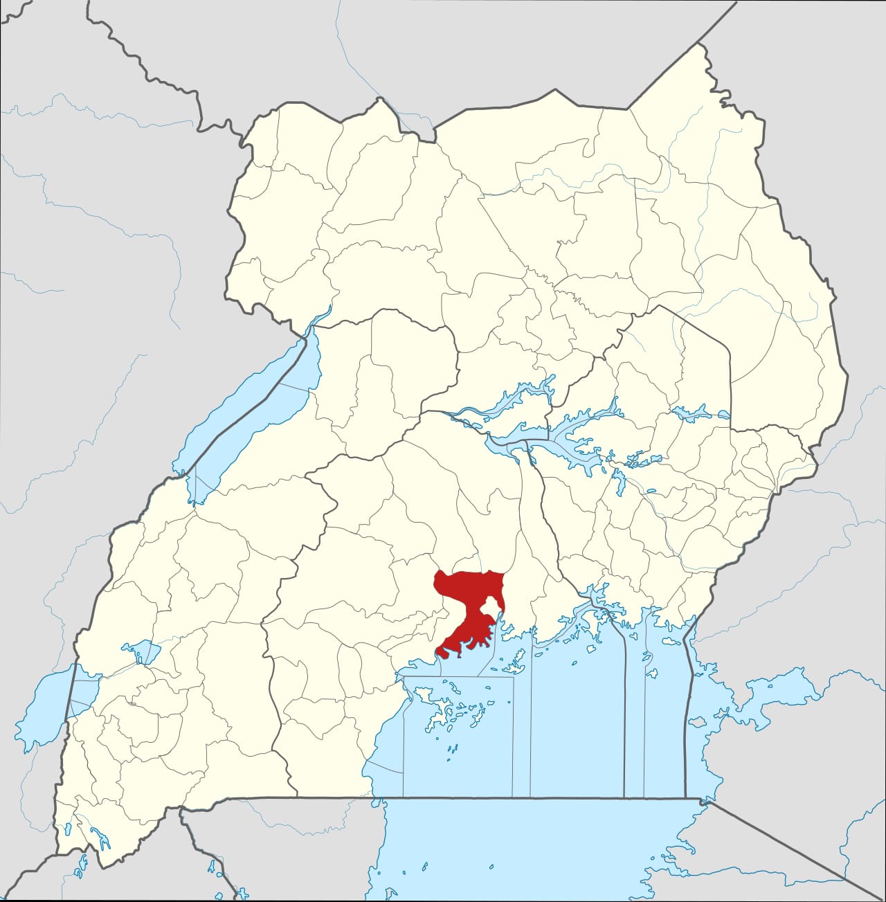 乌干达瓦基索县位置图，教堂扩建楼在该县坍塌（地图，非现场图）。