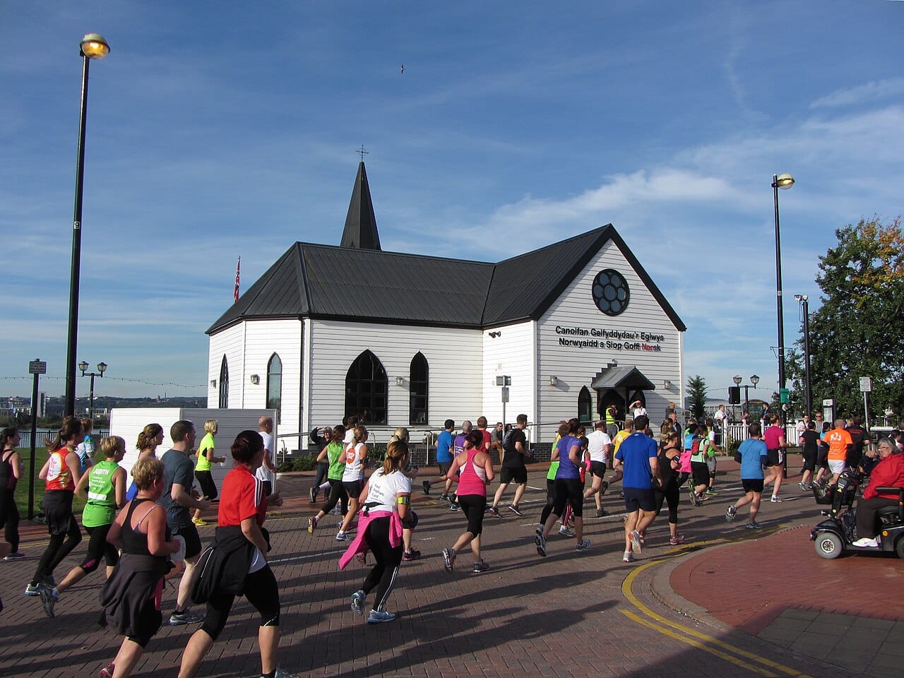 Runners passing the Norwegian Church in Cardiff Bay during the Cardiff Half Marathon (file photo, 2013).